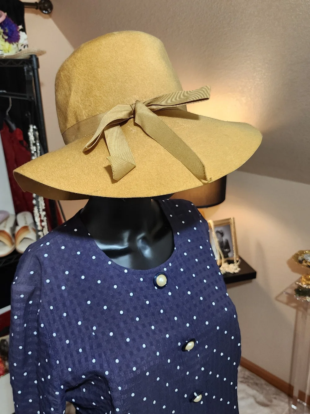 Vintage Wool Wide-Brim Hat with Ribbon Bow - Yellow - Picture 6 of 13